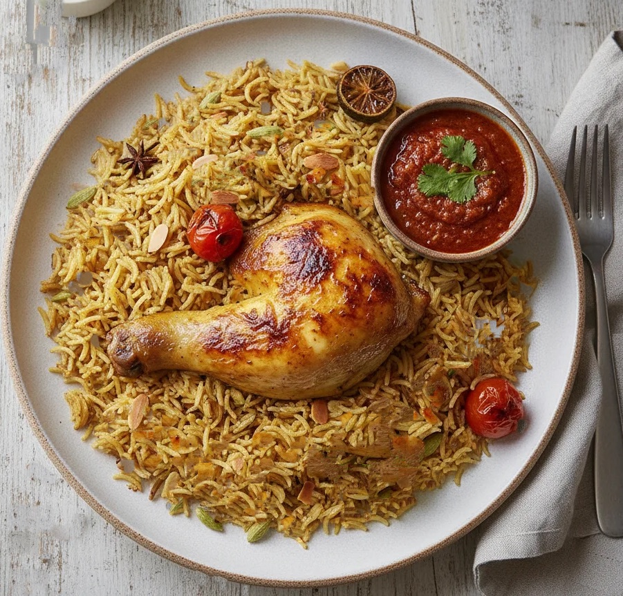 Chicken machboos with rice and daqqus