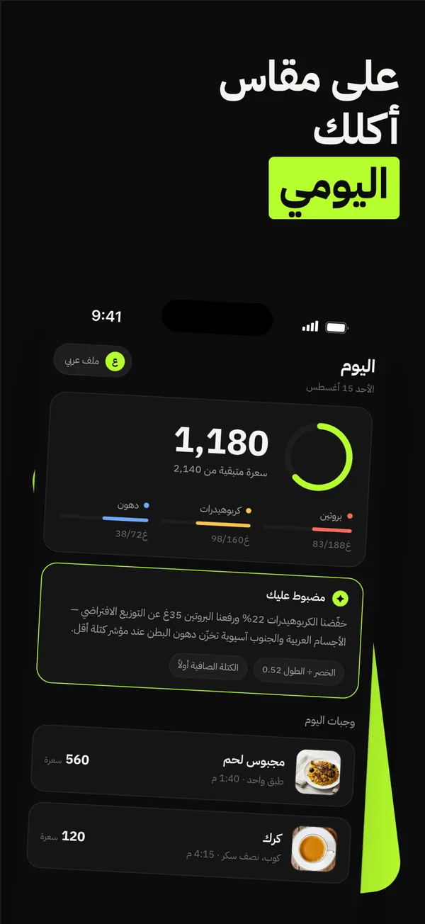 شاشة اليوم مع السعرات المتبقية والماكروز ووجبات اليوم