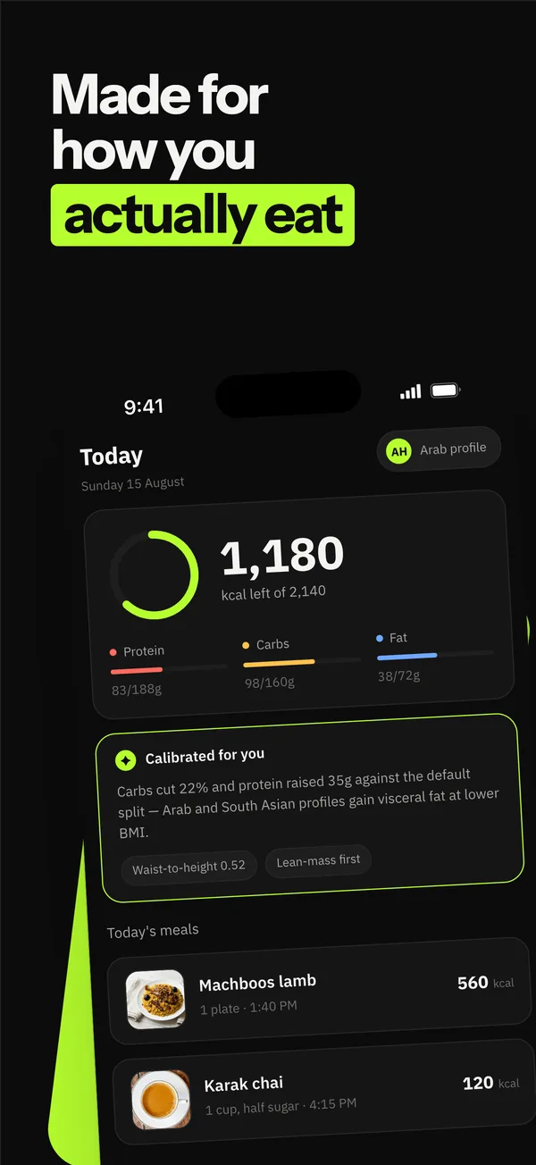 Today screen with calories left, macros and the day’s meals